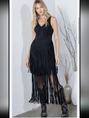 Idyllwind Wild Nights Black V-Neck Fringe Maxi Dress Sz M